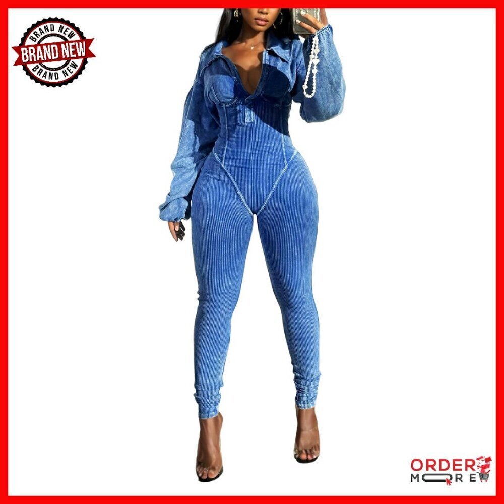 Long Sleeve Ribbed Bodycon Jumpsuit Lantern Sleeve Slim Fit Romper